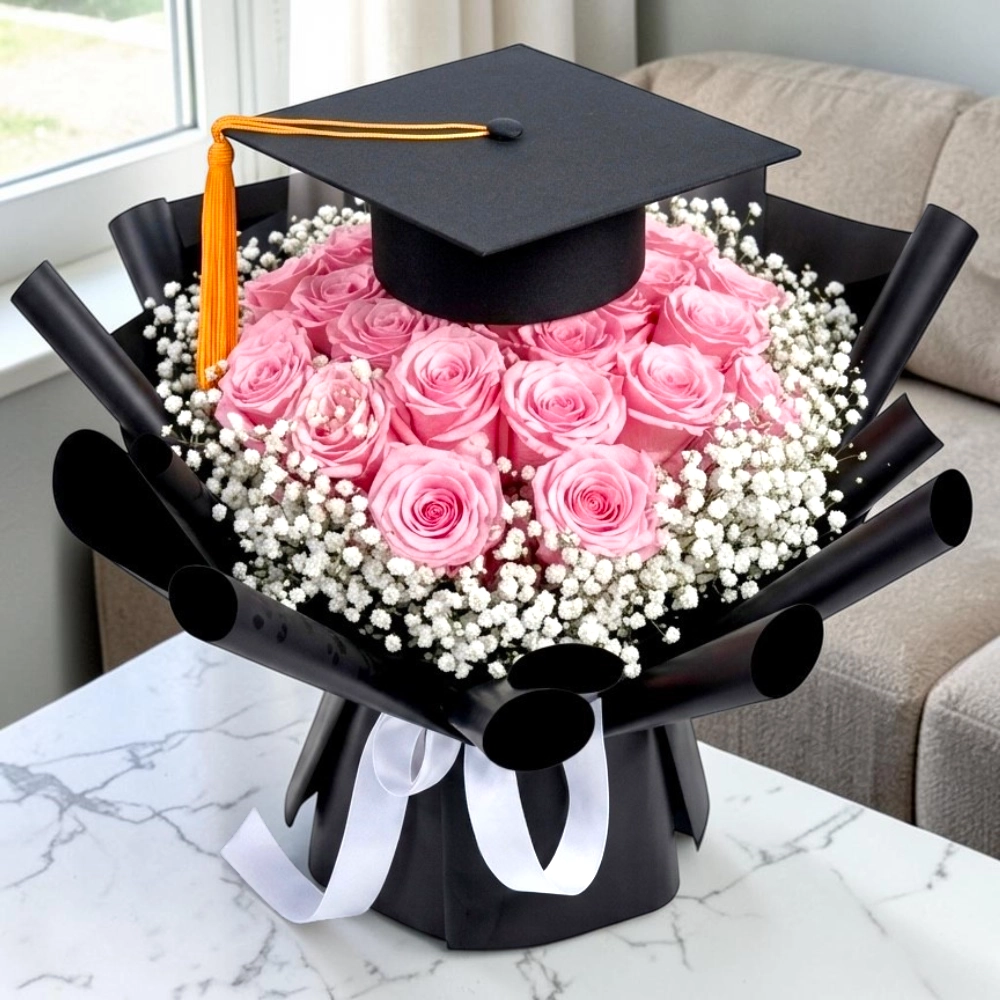 Blush-Graduation-Elegance-21-Pink-Roses-with-Graduation Hat-2
